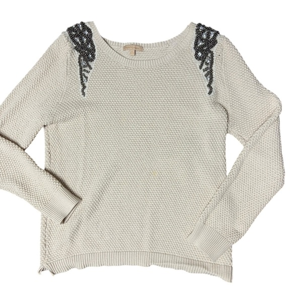 Gibson Latimer Women’s Knit Cream Sweater Size M Embellished Beaded Shoulders - Picture 5 of 16